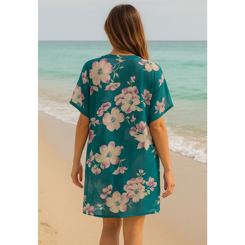 Women’s One Size Sheer Floral Kimono Cardigan Cover Up Teal Floral Lightweight - Picture 2 of 6